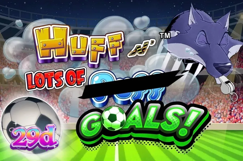 The three little pigs on a football pitch in the Huff N' Lots of Goals slot.